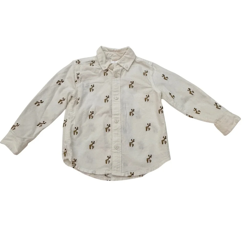 Gymboree Toddler Boys White Reindeer Embroidered Cotton Button Down Shirt 2T
